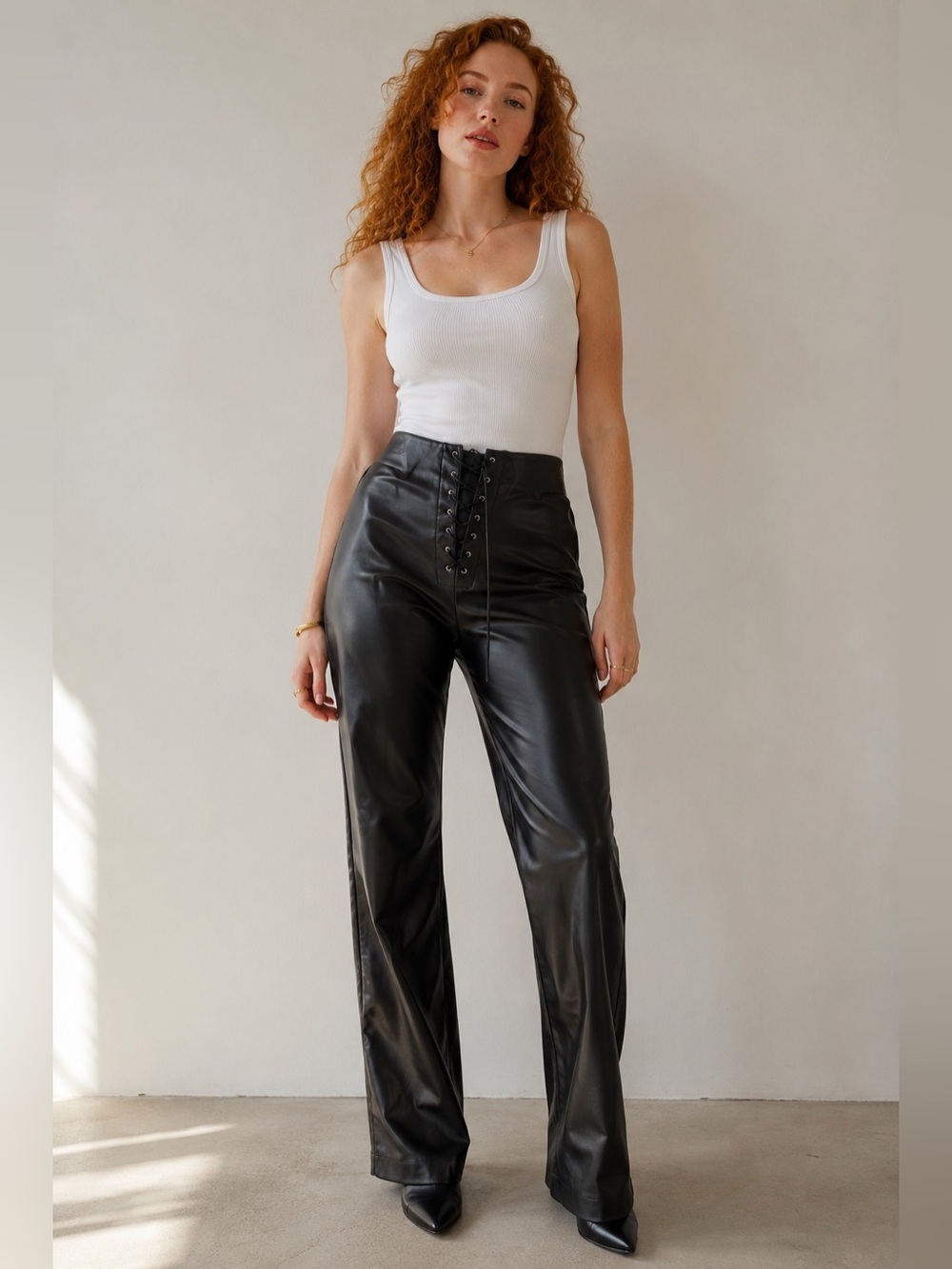 Zara Black Faux Leather Lace Up Pants Large